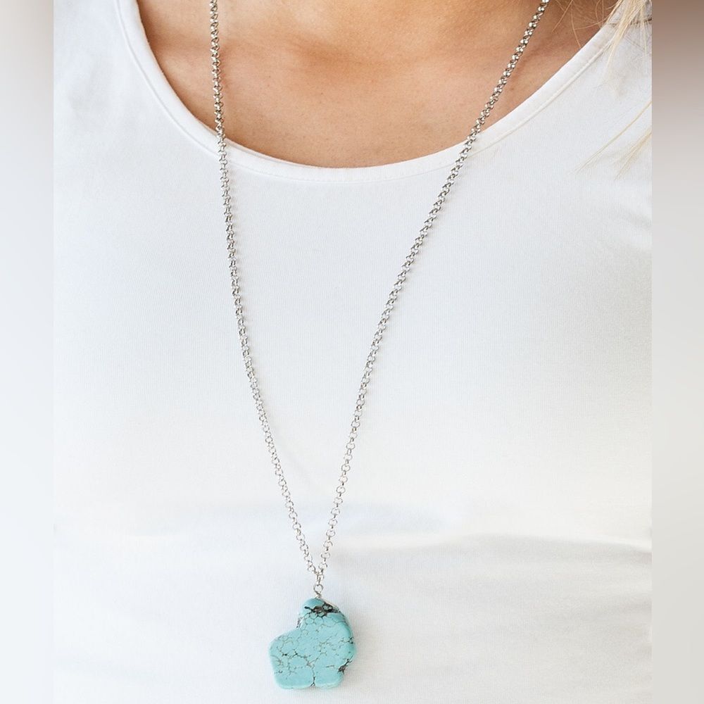 Set! Long silver tone chain with rough turquoise stone pendant